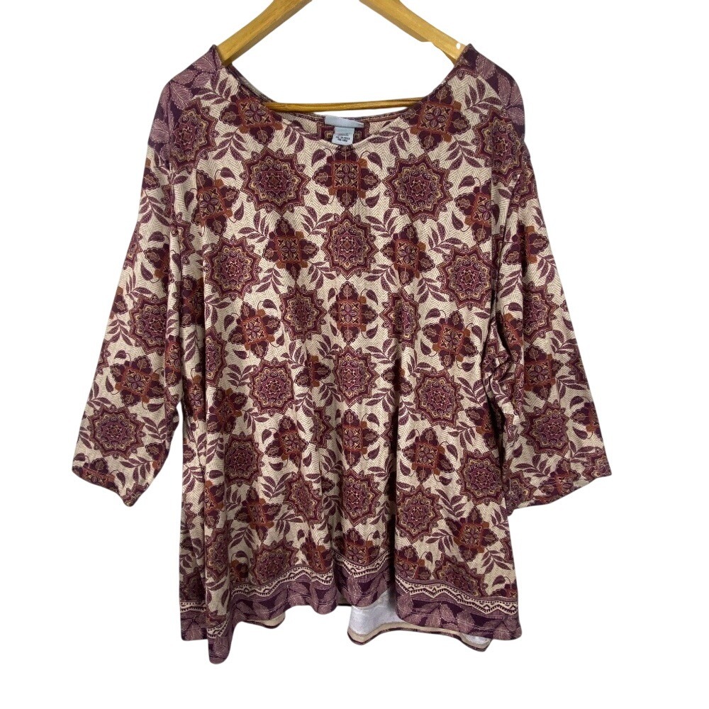 Catherines women ¾ sleeve Boho Tunic Top 3X Plus 26/28W Gypsy Festival Lagenlook